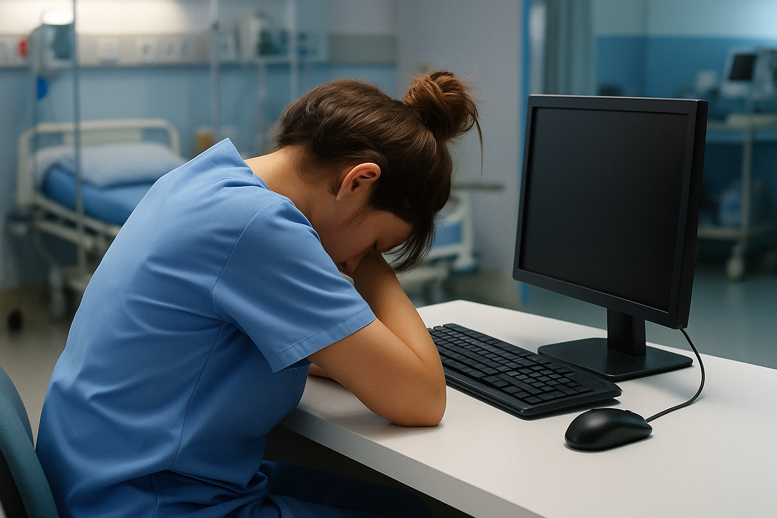 Nurse in ER with head down at computer